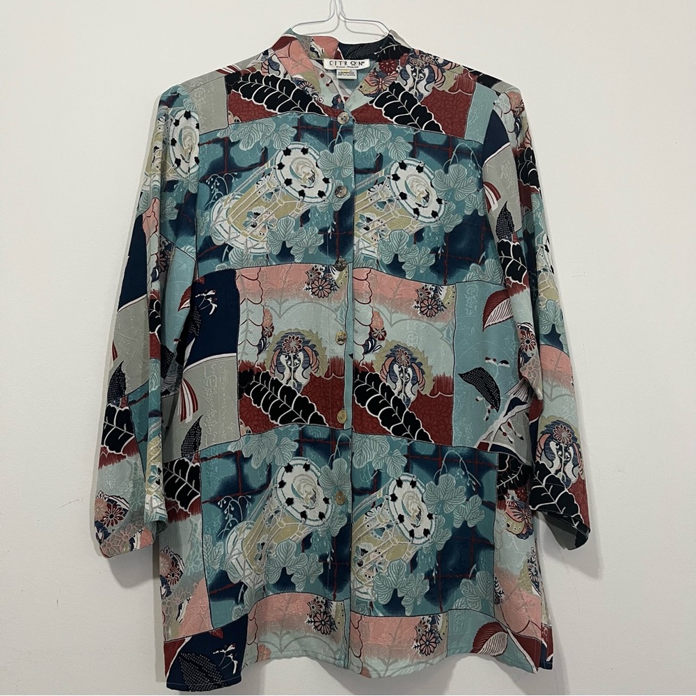 Citron Santa Monica Silk Tunic Blouse Asian Kimono Mandarin Collar Relaxed Fit S